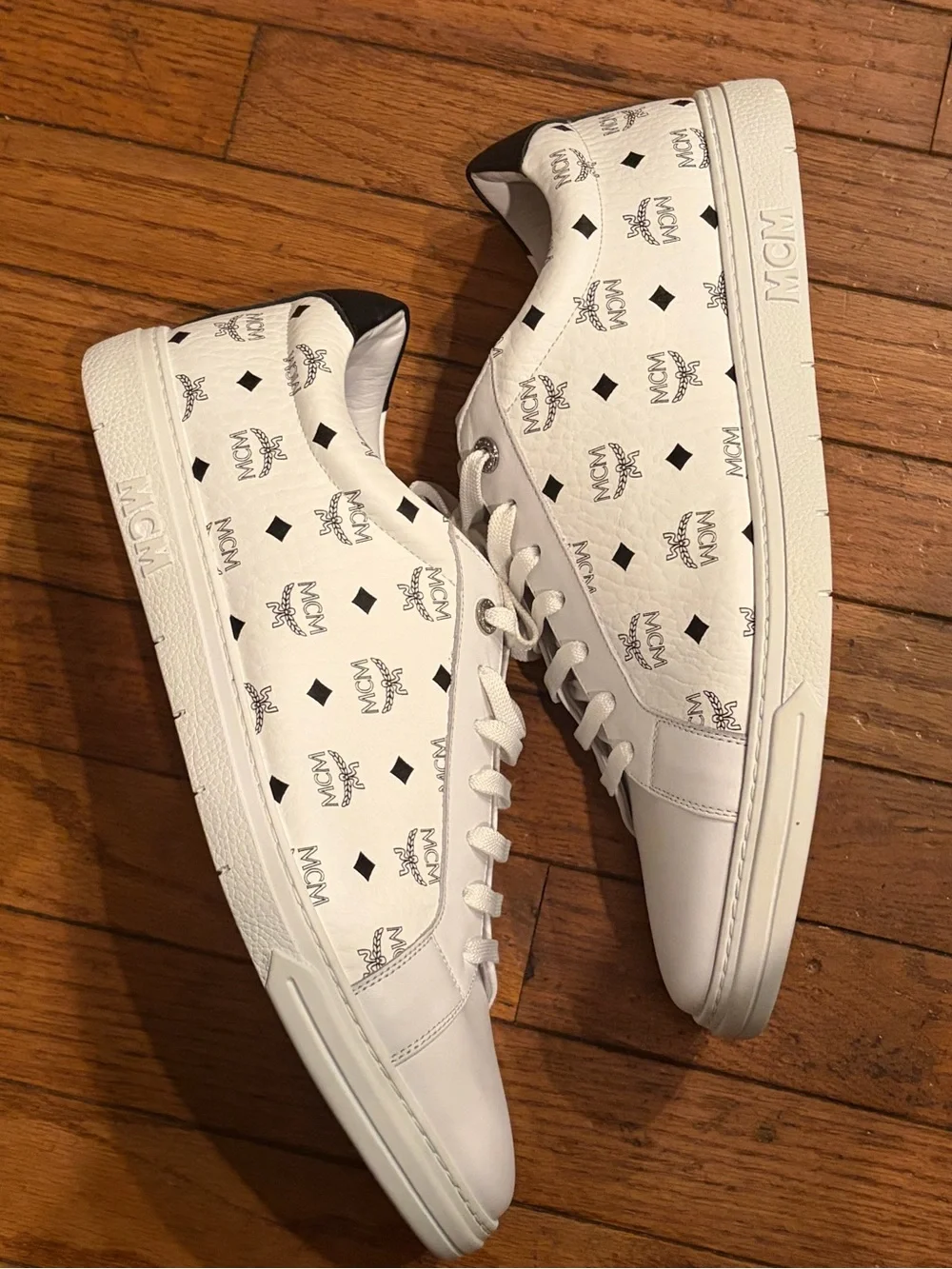 MCM White Low-Top Logo Panel Sneakers with Black Heel Tab
